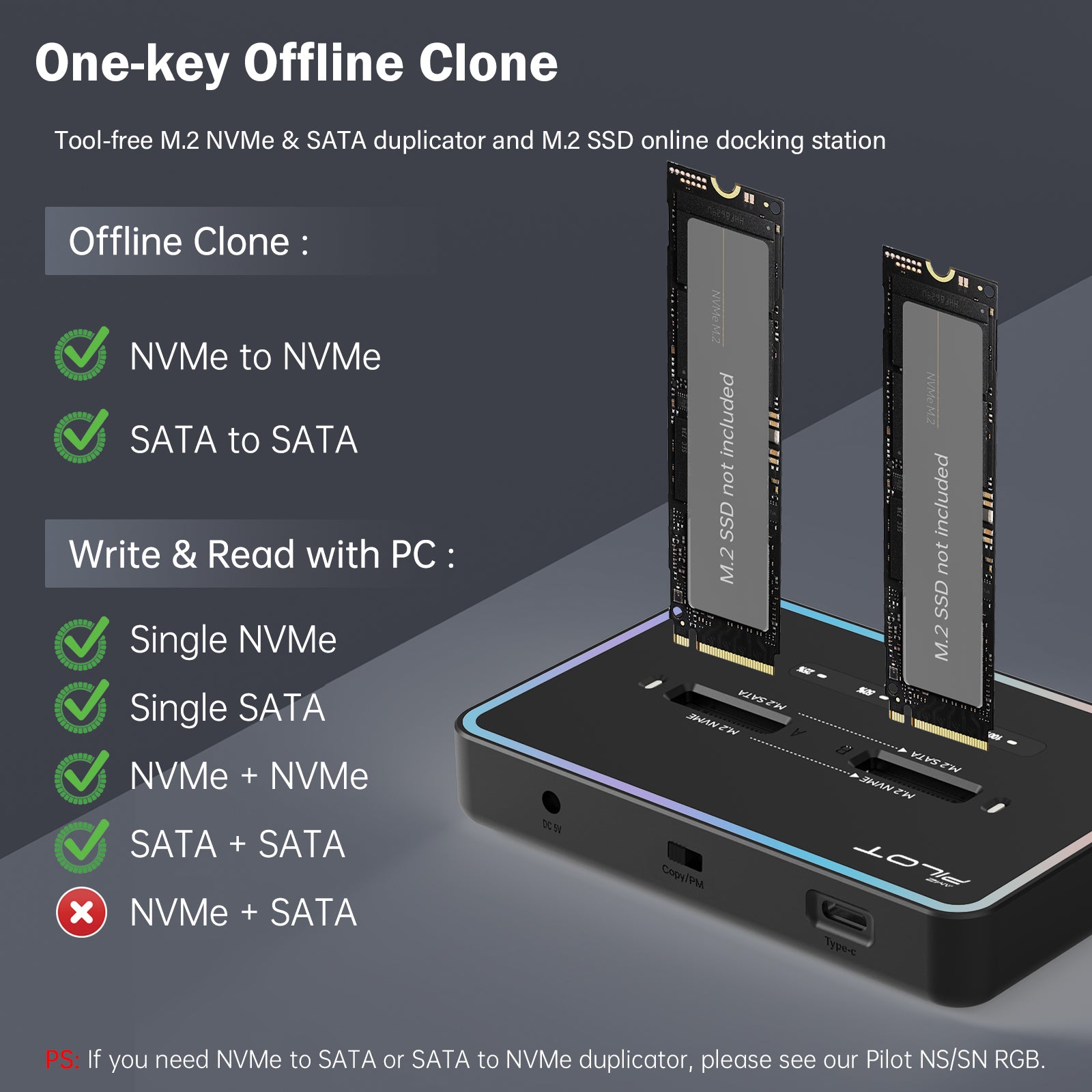 Duplicateur M.2 Dual Bay - Cloneur SSD NVMe/SATA Hors Ligne - Vitesse 20 Gbps, Pour Formats 2230 à 22110 - 2